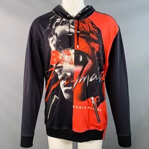 BALMAIN Size M Black Red White Graphic Cotton Hoodie Sweatshirt